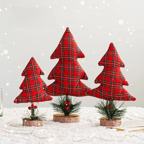 Décoration De Bureau Renne Arbre De Noël Tissu Écossais Paillettes Base En Bois Ornement Rustique Nordique
