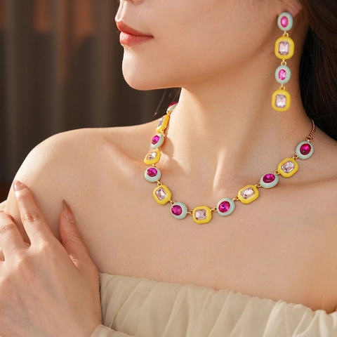 Vintage Luxury Square Geometric Necklace And Earrings Enamel Drip Oil Rhinestone Colorful Alloy With Silver Earring Post Women