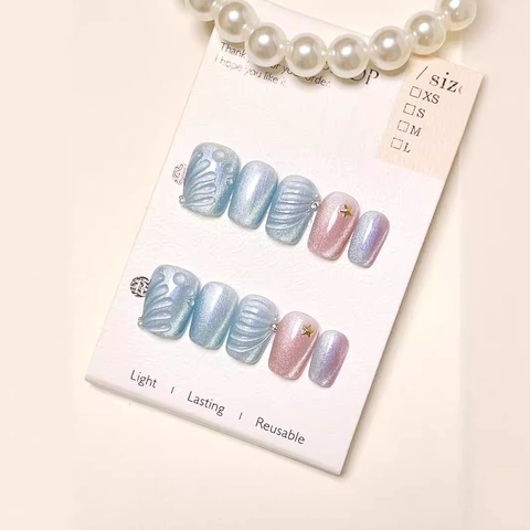 Unghie Finte Press On Fatte A Mano Conchiglia Sirena Occhio Di Gatto Sfumato Blu Rosa 3D Bara Corta Per Donna