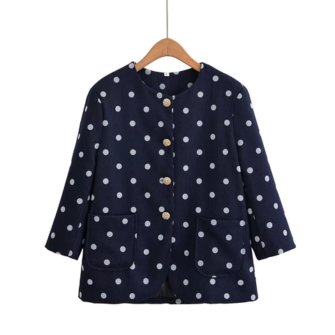 Dames Polka Dot Tweed Jas Vintage Ronde Hals Gouden Knopen Elegant Marineblauw Lange Mouw Bovenkleding Mantel Top