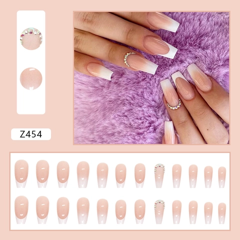 Unghie Finte Sfumate Francesi Forma Bara Nude Bianco Strass Unghie Artificiali Dolce Elegante