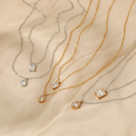 Collier Double Couche En Acier Inoxydable Avec Pendentifs En Zircone Rectangulaires Et En Forme De Goutte Bijoux Femme