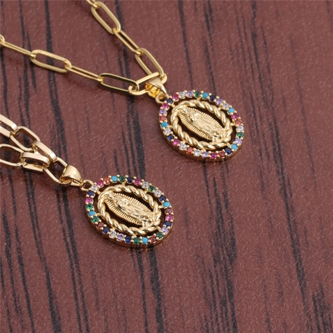 Collier Pendentif Médaille Vierge Marie Plaqué Or Cuivre Zircone Colorée Bijoux Religieux Style Hip Hop Rétro