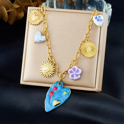 Bohemian Multi-Element Heart Pendant Necklace Stainless Steel Enamel Flower Sun Star Vintage Jewelry For Women
