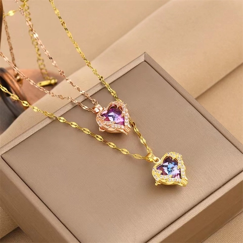 Collar Con Colgante Corazón Del Océano Acero Inoxidable Cobre Cristal Degradado Circón Ala Elegante Joyería Para Mujer