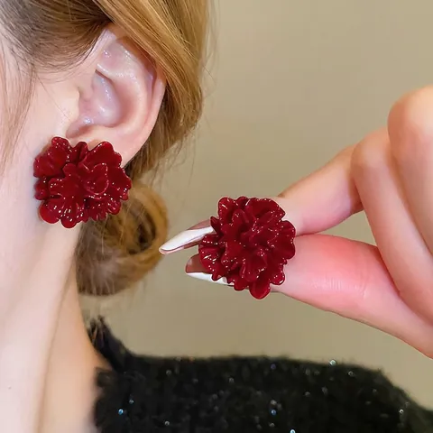 Vintage Rote Blumen Ohrstecker Mit 925 Sterling Silver Earring Post Mehrlagige Harz Blütenblätter Eleganter Schmuck Damen