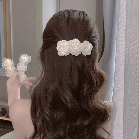 Elegant Camellia Rose Flower Hair Clip French Style Satin Organza Fabric Barrette For Women Sweet Romantic Hair Accessory