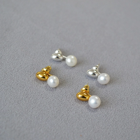 Freshwater Pearl Stud Earrings With Brass Gold Plated Bean And 925 Sterling Silver Earring Post For Women Simple Chic
