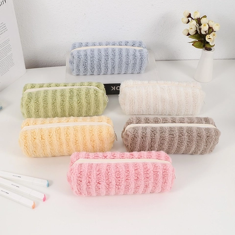 Pluche Pen Etui Grote Capaciteit Lamswol Gestreepte Rits Schrijfwaren Tas Voor Studenten School Kantoor