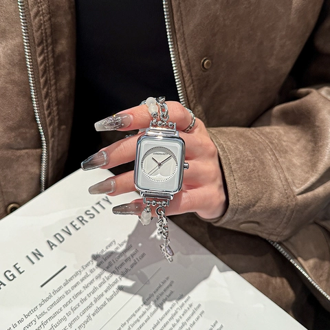 Women Square Quartz Watch Alloy Bead Bracelet Star Pendant Waterproof Casual Trendy Elegant Wristwatch