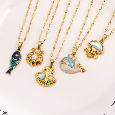 Zeeleven Roestvrij Stalen Lipketting Ketting Kwal Zeester Schelp Hanger Kleurrijke Emaille Zoete Zomer Sieraden Voor Vrouwen