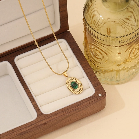 Collier Pendentif Pierre Naturelle Ovale Vintage Acier Inoxydable Géométrique Plaqué Or Pour Femmes