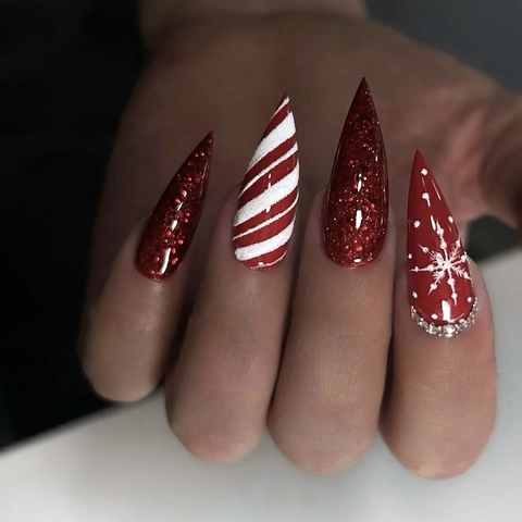 Press On Nails Lang Stiletto Weihnachten Schneeflocke Zuckerstange Streifen Strass Glitzer Künstliche Fingernägel Frauen Feiertag