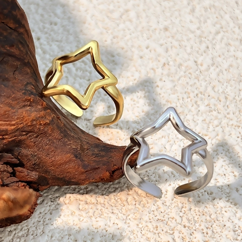 Minimalist Hollow Star Open Ring For Women Personalized Adjustable 304 Stainless Steel Jewelry Gold Silver Color