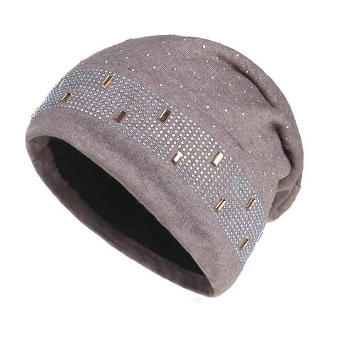 Women Slouchy Beanie Hat Knit Polyester With Rhinestones And Gold Metal Accents Fleece Lined Warm Casual