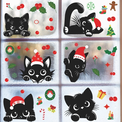 Christmas Wall Stickers Black Cat Festive PVC Window Decals For Home Kitchen Kids Room Decoration Cute Cartoon Aesthetic