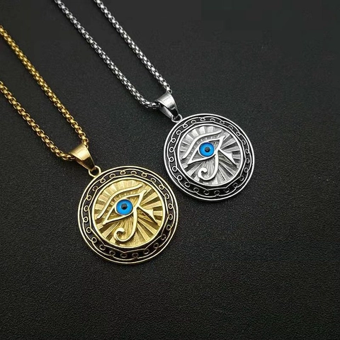 Eye Of Horus Anhänger Halskette Titanstahl Vergoldet Blaues Auge Ägyptisch Rundes Medaillon Hip Hop Schmuck Für Herren