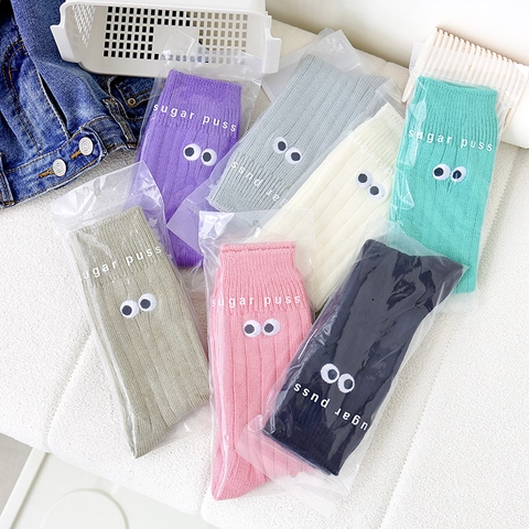 Calcetines De Mezcla De Algodón Bordado Ojos Grandes Textura Acanalada Color Caramelo Divertidos Novedad Estilo Coreano