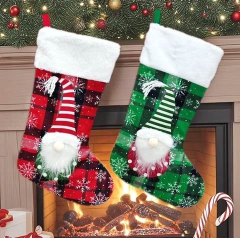 Christmas Stocking Polyester Plaid Fabric With 3D Gnome Figurine Snowflake Print Faux Fur Cuff Hanging Gift Bag