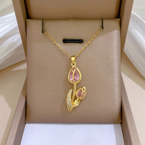 Collana Pendente Tulipano Gemma Rosa Zircone Micro Pavè Placcato Oro Gioielli Eleganti Per Donna Catena In Acciaio Inossidabile
