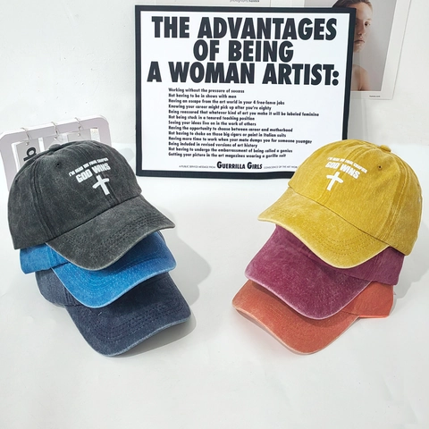 Washed Cotton Baseball Cap Retro God Wins Letter Print Cross Pattern Adjustable Sun Hat For Men Women Casual Vintage