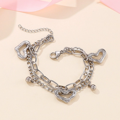 Bracciale A Doppio Strato In Acciaio Inossidabile Con Pendenti A Cuore Cavo E Perline Rotonde Gioielli Di Moda Eleganti Per Donna