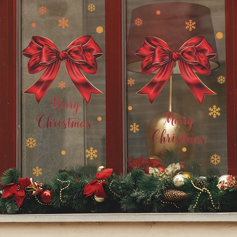 Merry Christmas Window Stickers Red Bow Golden Snowflakes PVC Static Cling Decals For Glass Festive Party Decor