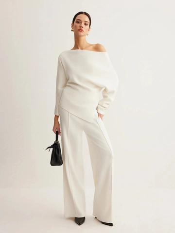 Women Off Shoulder Knit Sweater Asymmetric Hem Long Sleeve Solid Color Polyester Elegant Slim Fit Top