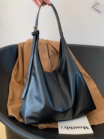 Women PU Leather Hobo Shoulder Bag Minimalist Style Adjustable Strap Elegant Commuter Tote Handbag Vertical Seam Vintage