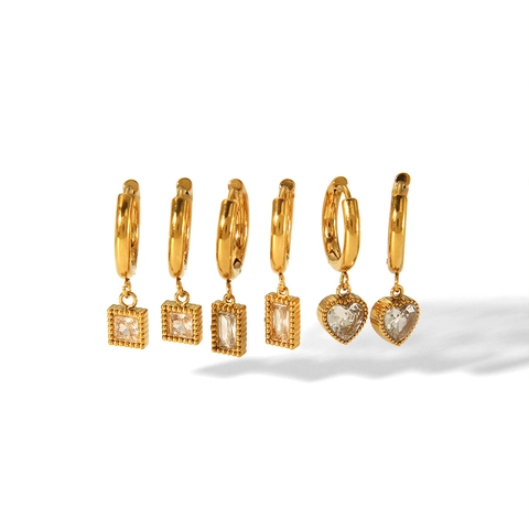 Orecchini A Cerchio In Acciaio Inossidabile Placcato Oro 18K Con Pendente Cuore Quadrato Zirconia Gioielli Geometrici Da Donna