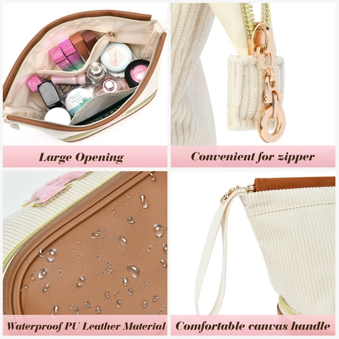 Bolsa De Maquillaje De Pana Gran Capacidad Parche De Letras De Chenilla Organizador De Aseo Portátil Para Mujer