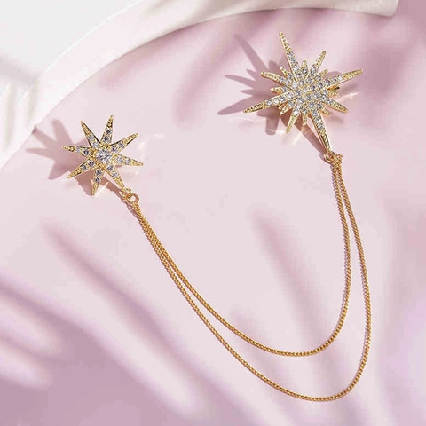 Broche Luxueuse en Alliage Strass Étoile à Huit Branches avec Gland Double Étoile Chaîne Épingle pour Décoration de Vêtements Femme