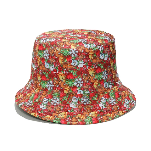 Christmas Printed Bucket Hat Polyester Sun Protection Fisherman Cap Santa Claus Snowman Pattern For Holiday Party Women