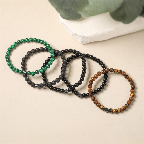 Natural Stone Beaded Bracelet Lava Stone Tiger Eye Malachite Agate Elastic Handmade Jewelry For Men Women