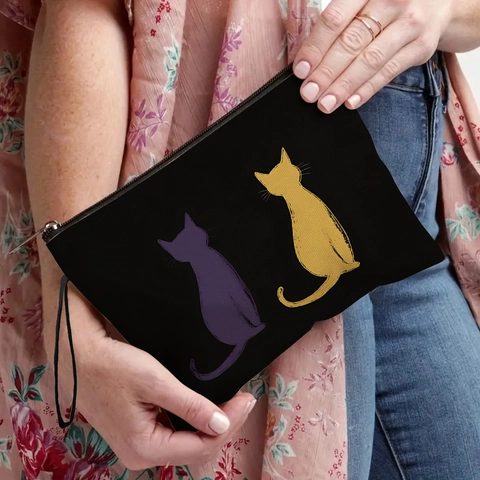 Cute Cat Silhouette Print Cosmetic Bag Canvas Polyester Zipper Makeup Pouch Travel Toiletry Organizer Stationery Case