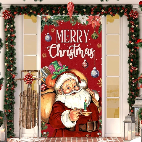 Weihnachts Türbanner Polyester Vintage Weihnachtsmann Druck Merry Christmas Hängende Flagge Urlaub Outdoor Dekoration