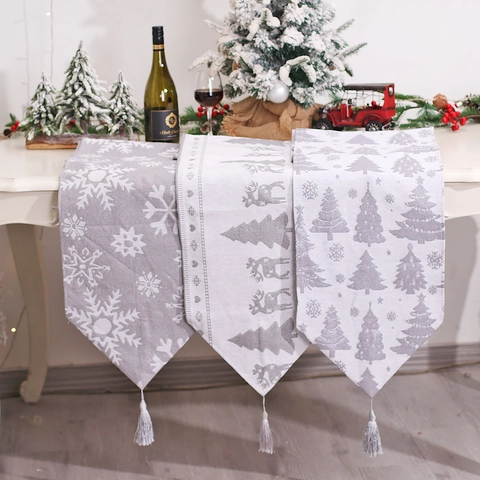 Christmas Table Runner Knitted Reindeer Snowflake Pattern With Tassels Festive Holiday Dining Table Decor