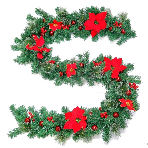 Christmas Garland With LED Lights Artificial Pine Needle Rattan With Red Poinsettia Flowers Balls Berries For Home Holiday Party Decor