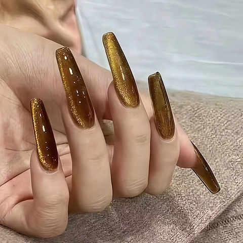 Coffin Press On Nails Cat Eye Magnetic Golden Amber Glitter Glossy Maillard Style False Nails With Tool Kit