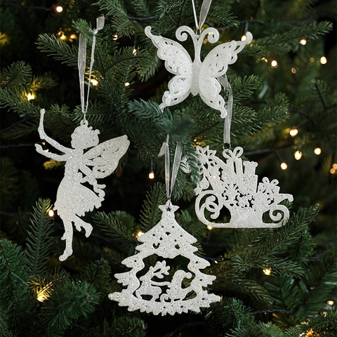White Glitter Christmas Tree Ornaments Hanging Decorations Angel Star Sleigh Shapes For Holiday Party Home Decor Sparkling