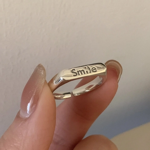 925 Sterling Silver Smile Engraved Ring Minimalist Adjustable Open Band Finger Jewelry Korean INS Style For Women