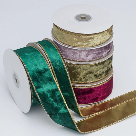 Velvet Ribbon With Wired Gold Metallic Edge For Christmas Decoration Gift Wrapping DIY Crafts Double Sided Shimmery Luxurious