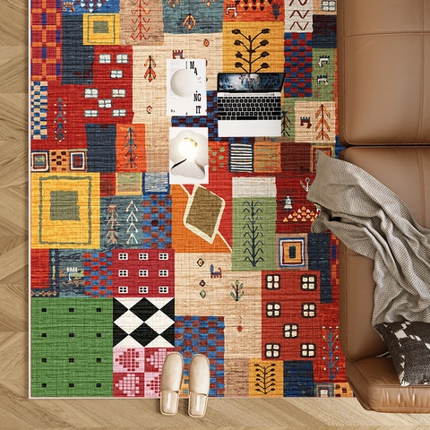 Bohemian Geometrischer Patchwork-Teppich Polyester Belgischer Samt Rutschfeste TPR-Unterseite Retro Ethno-Teppich Für Wohnzimmer