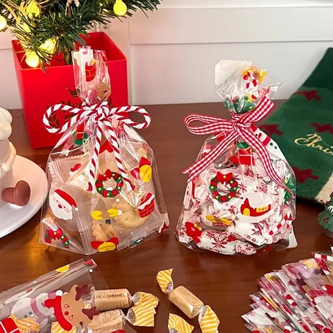 Sacchetti Per Confezioni Regalo Di Natale In Plastica Trasparente Con Nastro Cordino Per Caramelle Biscotti Stampa Babbo Natale