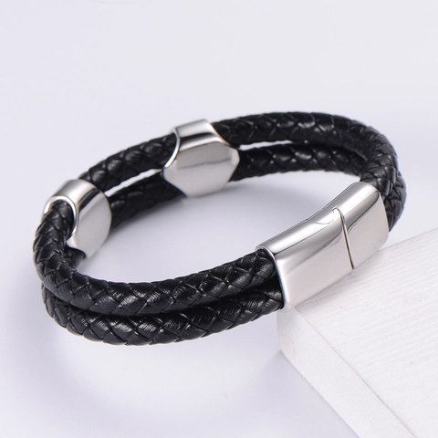 Bracciale In Pelle PU Intrecciata Multistrato Con Chiusura Magnetica In Acciaio Inossidabile Zirconia Nera Gioielli Punk Uomo