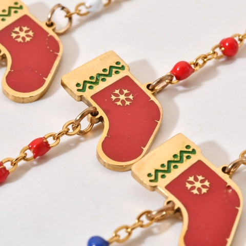 Christmas Stocking Pendant Bracelet Stainless Steel Enamel Colored Beads Holiday Festive Jewelry For Women