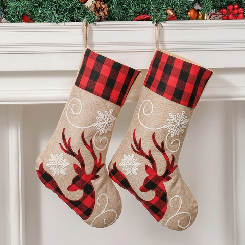 Weihnachtsstrumpf Geschenktüte Rentier Stickerei Buffalo Plaid Sackleinen Rustikale Feiertags Kamin Dekoration