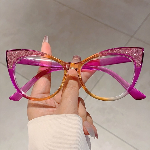 Women Cat Eye Anti Blue Light Glasses Fashion Oversized PC Frame With Glitter Sparkle Decoration Trendy Plain Eyewear