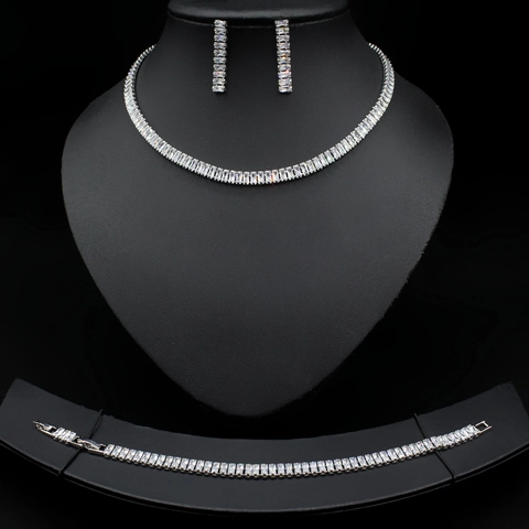 Rame Zircone Collana Orecchini Bracciale Gioielli Lucido Sposa Matrimonio Festa Accessori Per Donne Argento