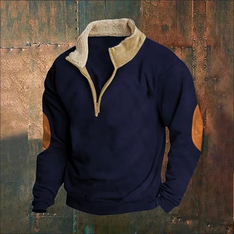 Heren Retro Industriële Stijl Halve Rits Staande Kraag Pullover Sweatshirt Verdikt Fleece Gevoerd Top Met Elleboogstukken Casual Sweatshirt